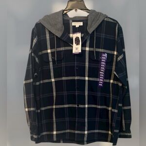 NWT Aeropostale Shacket Hoodie Men's XXL Blue Plaid Cotton Flannel Pockets NEW